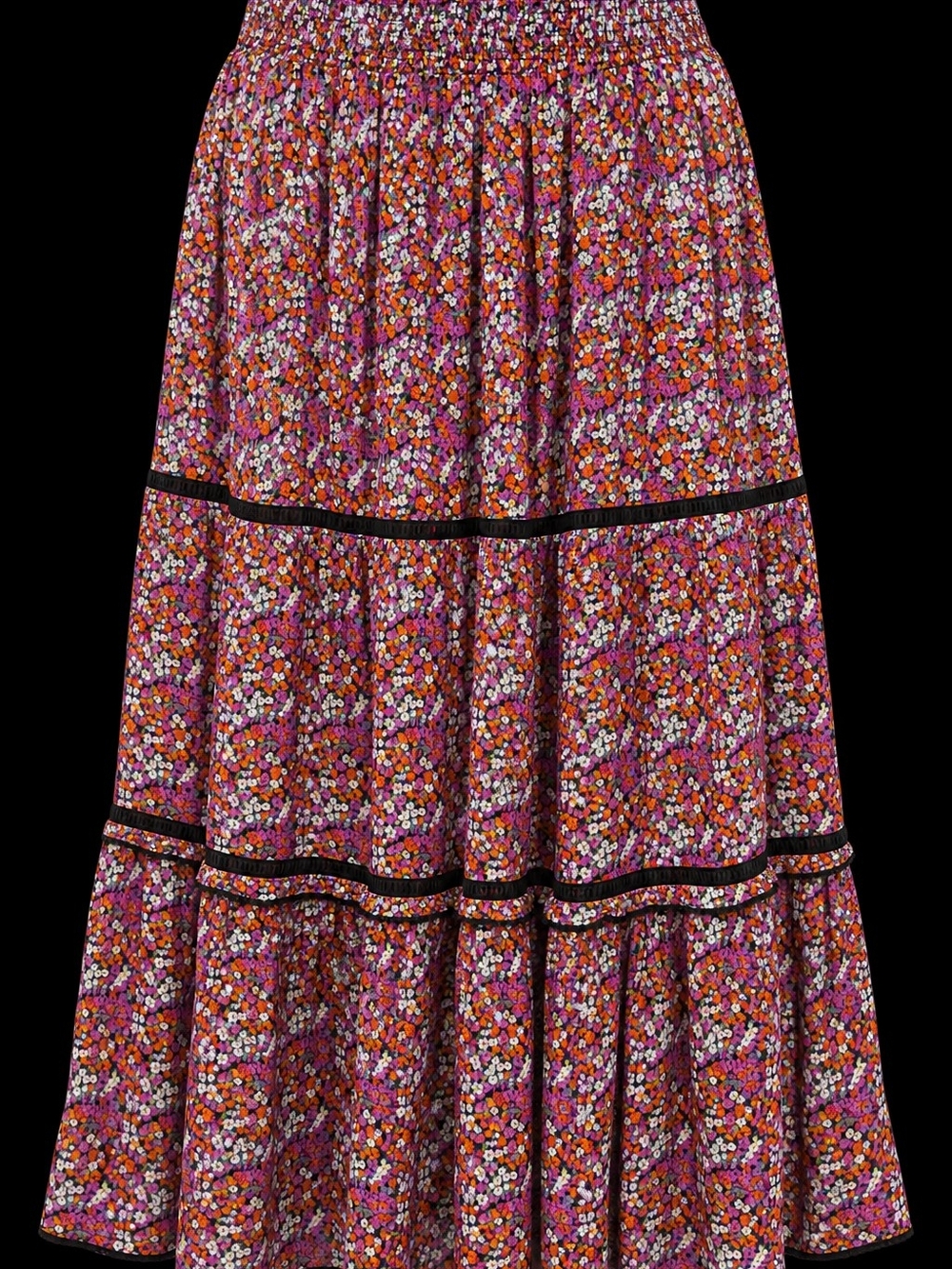 Floral Tiered Maxi Skirt with Smocked Waist in Pink and Orange